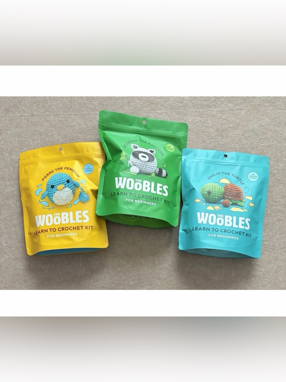 The Woobles Crochet Kit Lot of 3 Pierre Penguin Scooter Raccoon Emilio Turtle